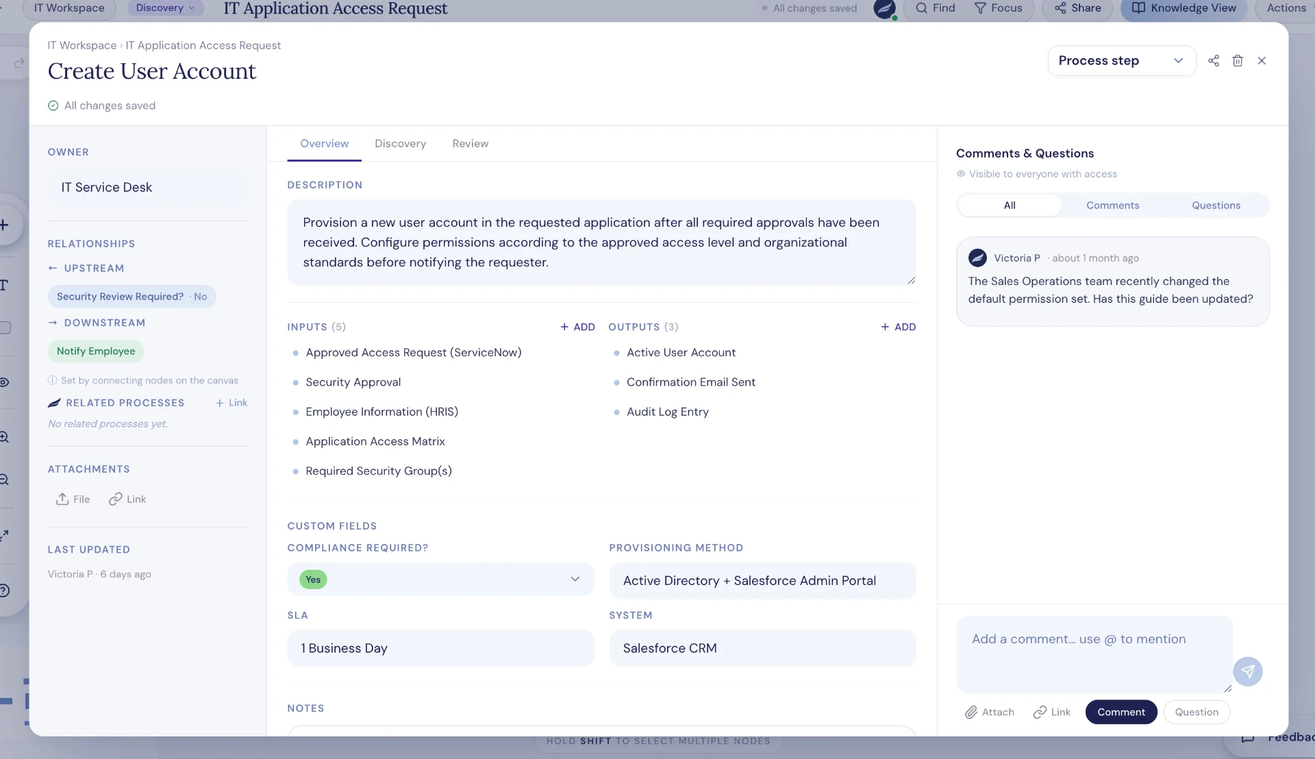 A Marlow process step expanded to show owner, description, inputs, outputs, custom fields, and a comments panel